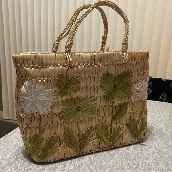 Woven Straw Purse Summer Beach Coastal Floral Botanical Palm Tree Cruise Travel - Picture 1 of 13